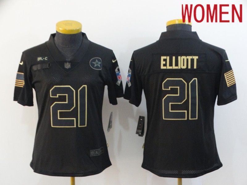 Women Dallas Cowboys 21 Elliott Black Retro Gold Lettering 2020 Nike NFL Jersey